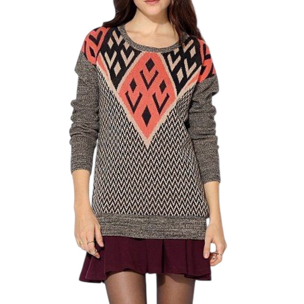 Ecote Sweater‎ Womens Small Gray Pink Geometric Aztec Chevron Knit Pullover
